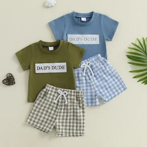 Infant Casual Outfit with Embroidered T-shirt and Plaid Shorts