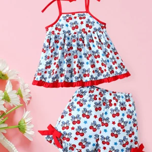 Ruffle Sleeveless Spaghetti Strap Top and Shorts Summer Outfit Set for Toddlers