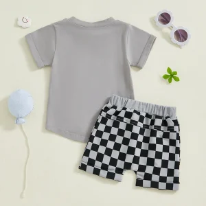 Infant Boy Casual Wear Solid Color Tee and Plaid Shorts Set